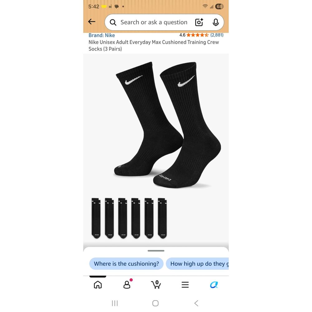 Nike Everyday Plus Cushion crew Drifit UNISEX  Socks, LARGE- Black- 6 Pair